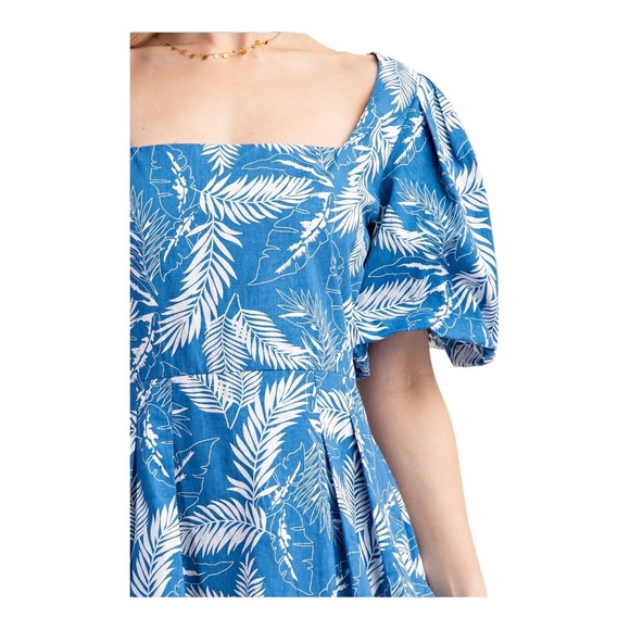 Blue Leaf Print Bubble Hem Puff Sleeve Short Dress - Picture 5 of 8